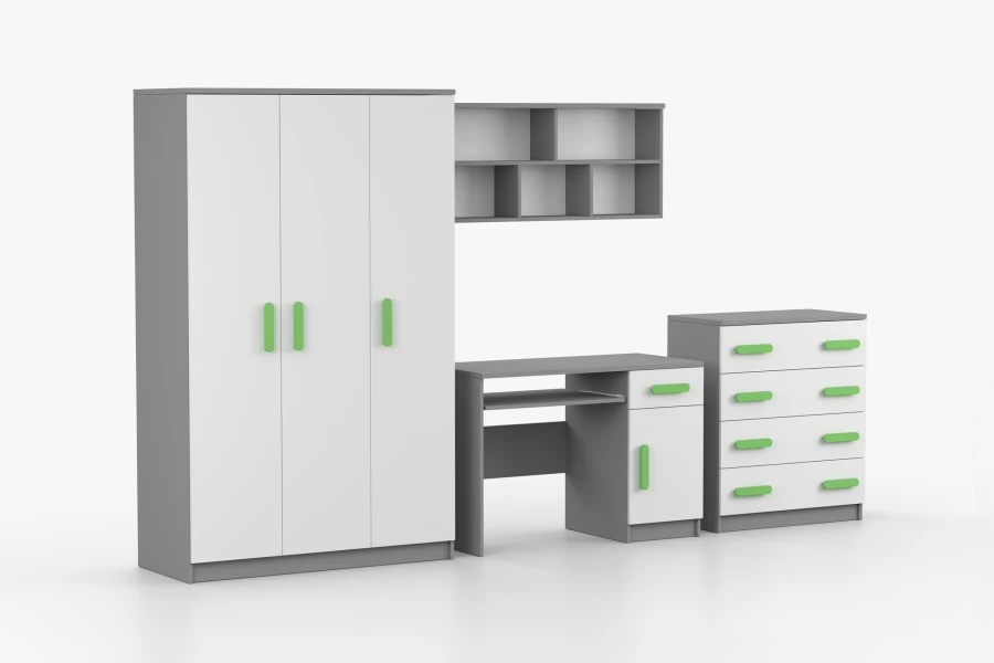 Modernes Kinderzimmer-Möbelset in Grau-Weiß mit grünen Griffen, Kleiderschrank und Regal.