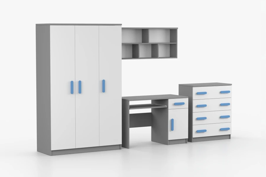 Grau-weißes Möbelset für Kinderzimmer mit blauen Griffen, Schreibtisch und Kommode.