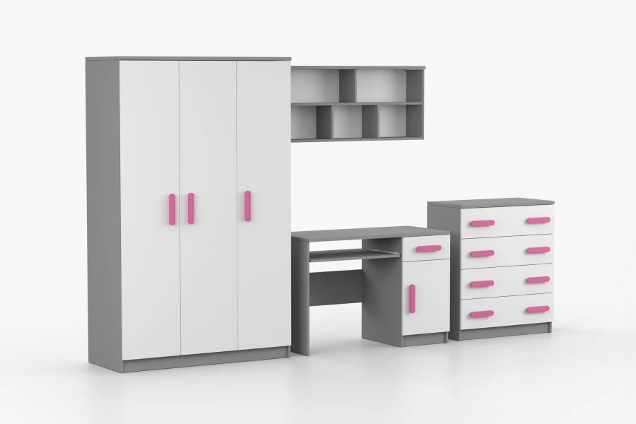 Kinderzimmer-Möbelkombination in Grau-Weiß mit rosa Griffen, Kleiderschrank und Schreibtisch.