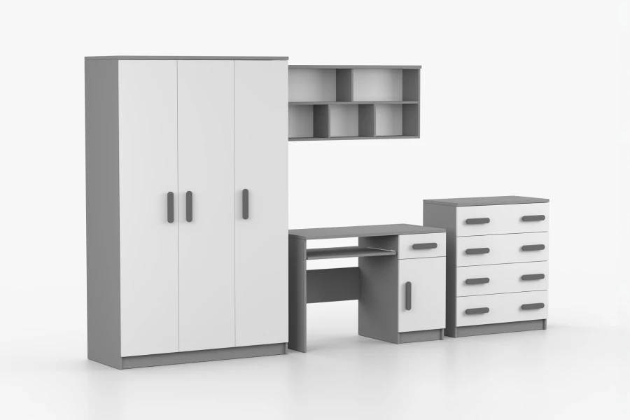 Jugendzimmer-Set grau-weiß, dunkle Griffe: Kleiderschrank, Schreibtisch, Kommode & Wandregal.