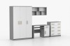 Jugendzimmer-Set grau-weiß, Holzgriffe: Kleiderschrank, Schreibtisch, Kommode & Wandregal.