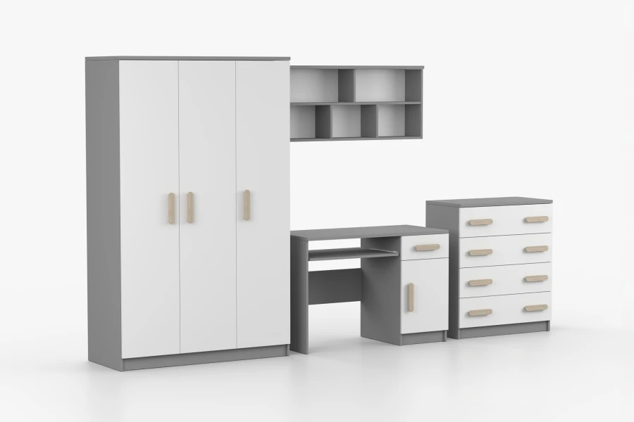 Jugendzimmer-Set grau-weiß, Holzgriffe: Kleiderschrank, Schreibtisch, Kommode & Wandregal.