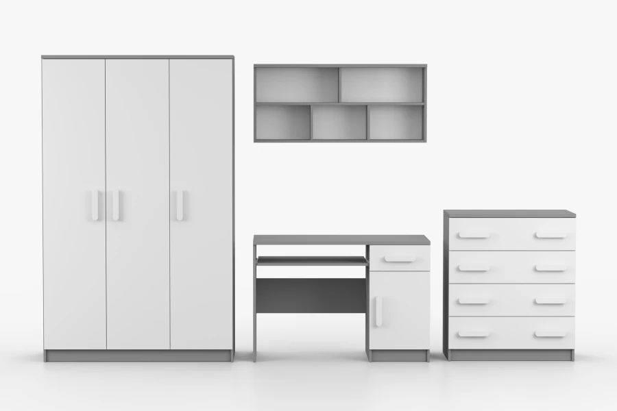 Jugendzimmer-Set grau-weiß, weiße Griffe: Kleiderschrank, Schreibtisch, Kommode & Wandregal.