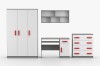 Jugendzimmer-Set grau-weiß, rote Griffe: Kleiderschrank, Schreibtisch, Kommode & Wandregal.