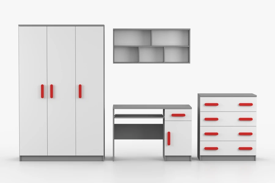 Jugendzimmer-Set grau-weiß, rote Griffe: Kleiderschrank, Schreibtisch, Kommode & Wandregal.