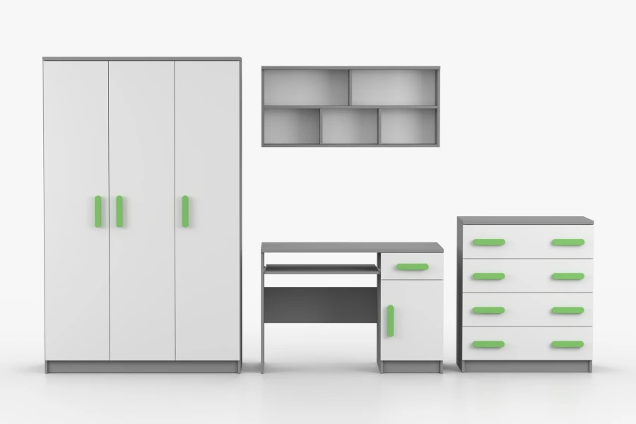 Jugendzimmer-Set grau-weiß, grüne Griffe: Kleiderschrank, Schreibtisch, Kommode & Wandregal.