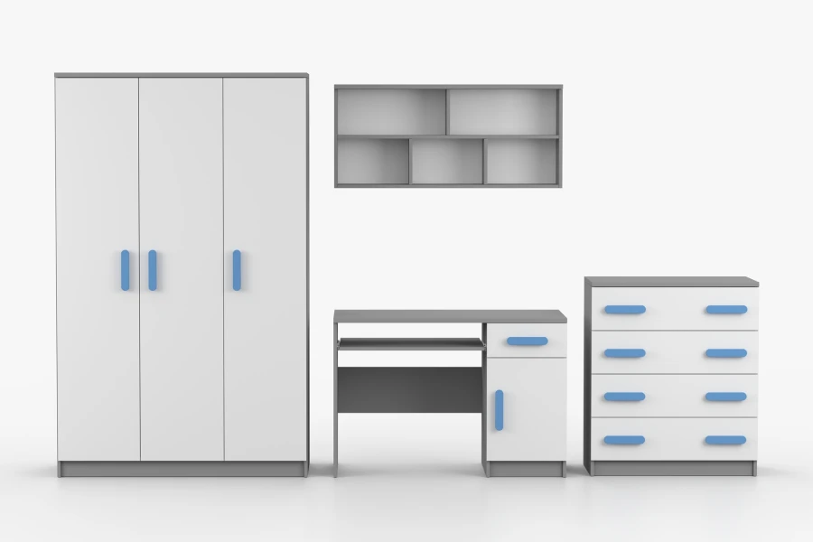 Kinderzimmermöbel Set in Weiß und Grau mit blauen Griffen: Schrank, Schreibtisch, Regal und Kommode.