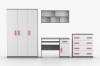 Modernes Kinderzimmer Set in Weiß-Grau mit pinken Akzenten: Schrank, Schreibtisch, Regal und Kommode.