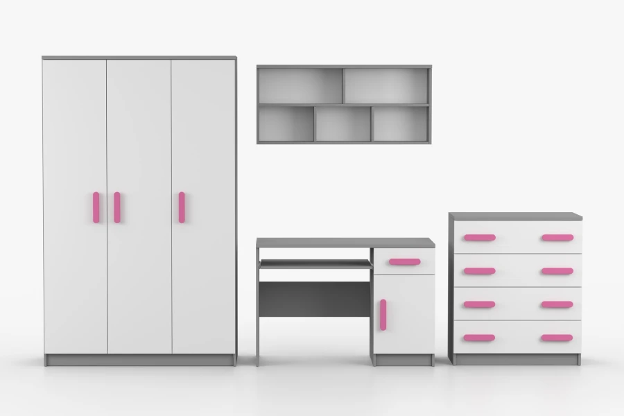 Modernes Kinderzimmer Set in Weiß-Grau mit pinken Akzenten: Schrank, Schreibtisch, Regal und Kommode.