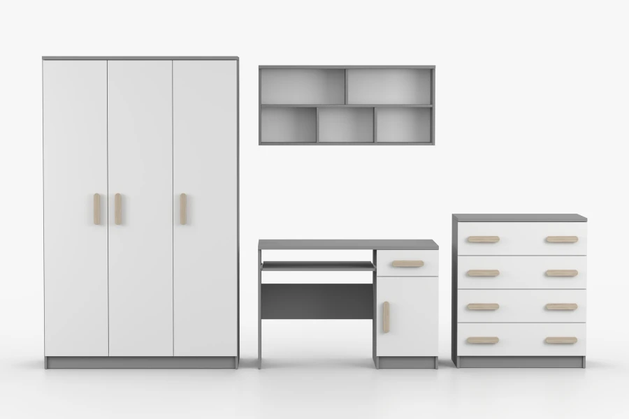 Kinderzimmermöbel Set in Weiß-Grau mit Griffen in Holzoptik: Schrank, Schreibtisch, Regal und Kommode.
