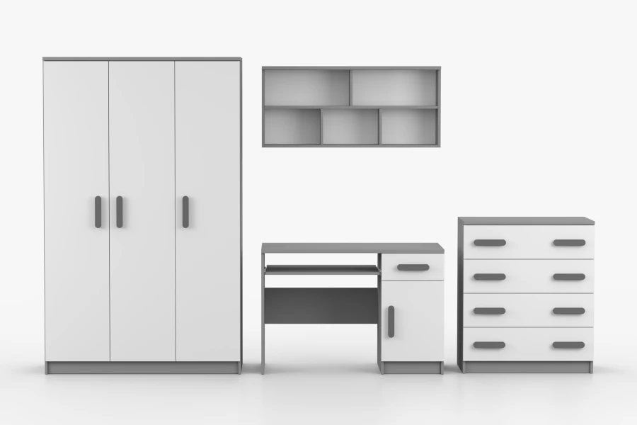 Zeitloses Möbelset für Kinderzimmer in Weiß und Grau: Schrank, Schreibtisch, Regal und Kommode.