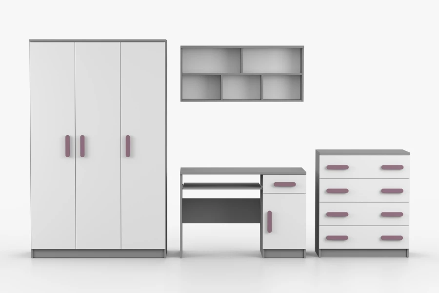 Kinderzimmer Möbelset in Weiß-Grau mit lila Griffen: Schrank, Schreibtisch, Regal und Kommode.