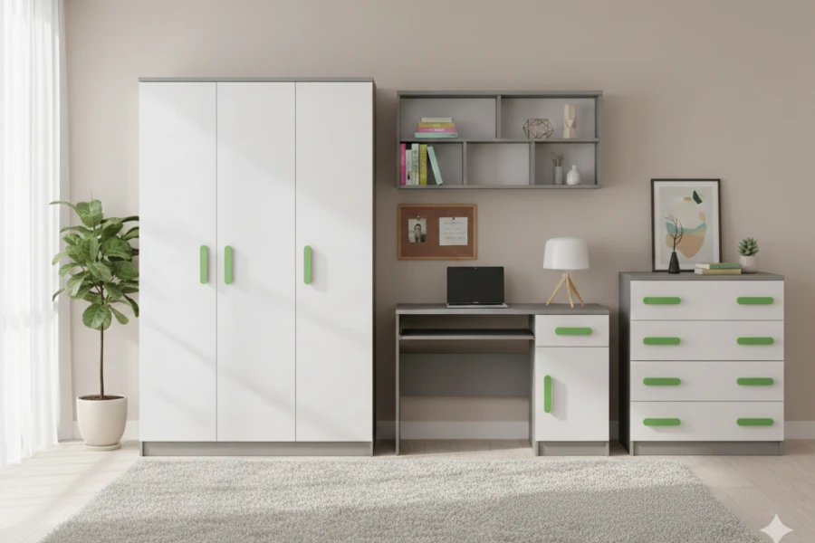 Modernes Kinderzimmer-Set in Weiß und Grau mit grünen Griffen.