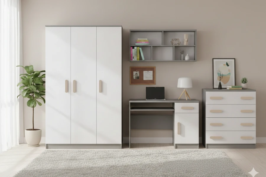 Komplettes Kinderzimmer-Set in Weiß und Grau mit Griffen in Eichenoptik.