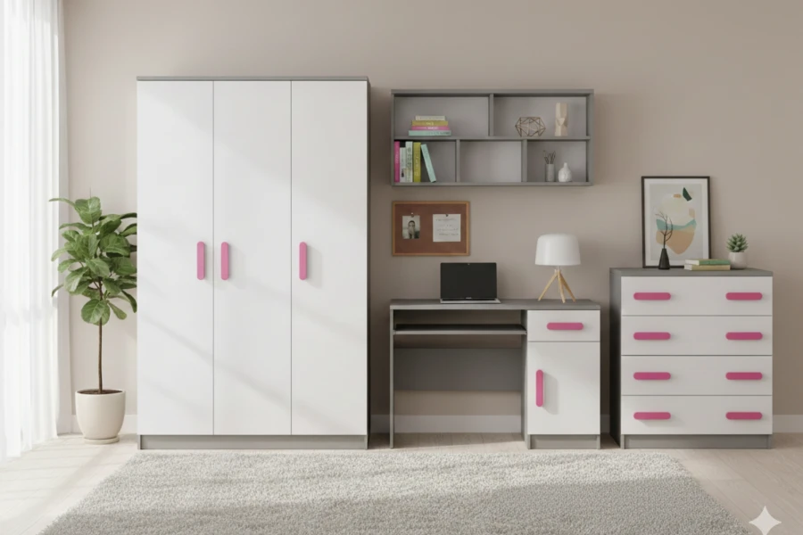 Modernes Möbelset für Kinderzimmer in Weiß und Grau mit pinken Griffen.