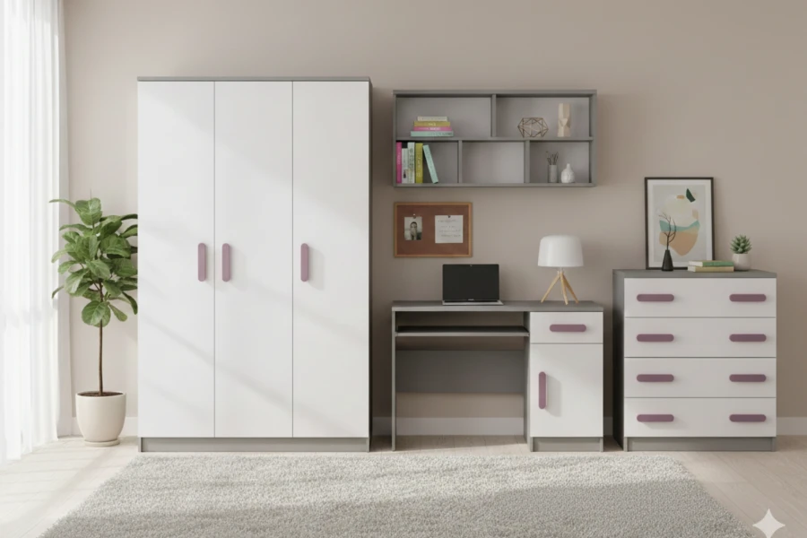 Modernes Kinderzimmer-Set INGE in Weiß und Grau mit lila Griffen: Schrank, Schreibtisch, Regal und Kommode.