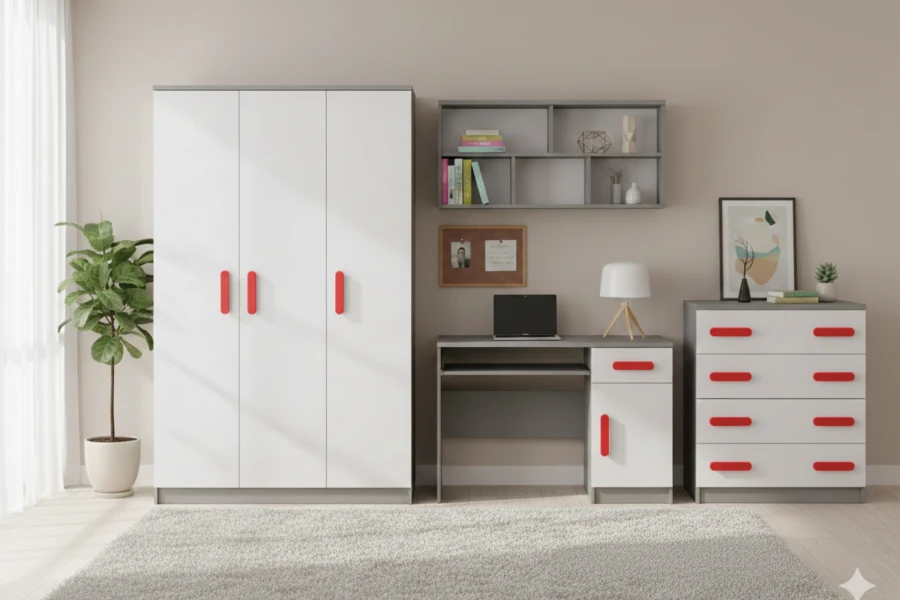 Jugendzimmer-Set INGE in Weiß-Grau mit roten Akzenten an Griffen: Kleiderschrank, Schreibtisch und Kommode.