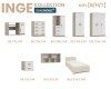 Übersicht der Inge Kollektion Möbel mit Maßen für Bett, Schrank, Kommode und Schreibtisch in Eiche Weiß.