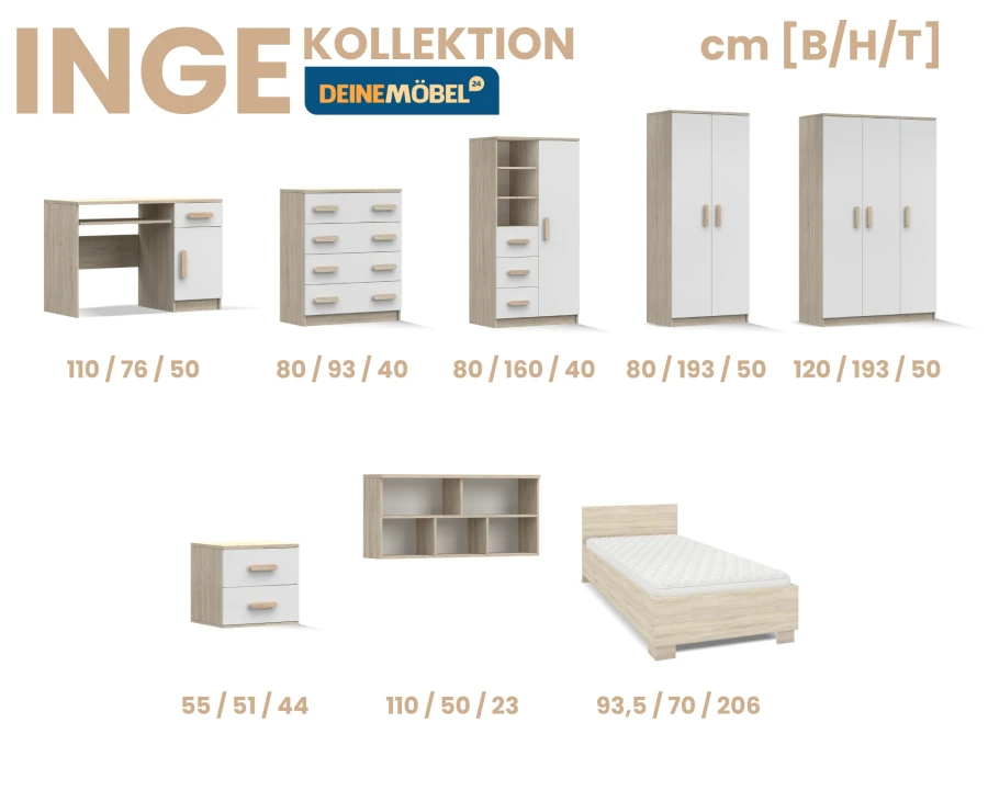 Übersicht der Inge Kollektion Möbel mit Maßen für Bett, Schrank, Kommode und Schreibtisch in Eiche Weiß.