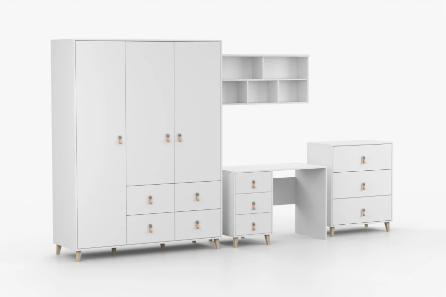 Weißes Jugendzimmer Möbelset mit Kleiderschrank, Schreibtisch und Kommode inklusive Ledergriffen.