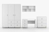 Frontale Ansicht der weißen Kindermöbel mit dekorativen Lederlaschen und schlichtem Design.