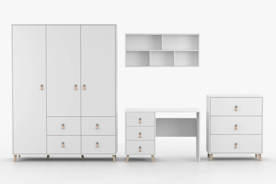 Frontale Ansicht der weißen Kindermöbel mit dekorativen Lederlaschen und schlichtem Design.
