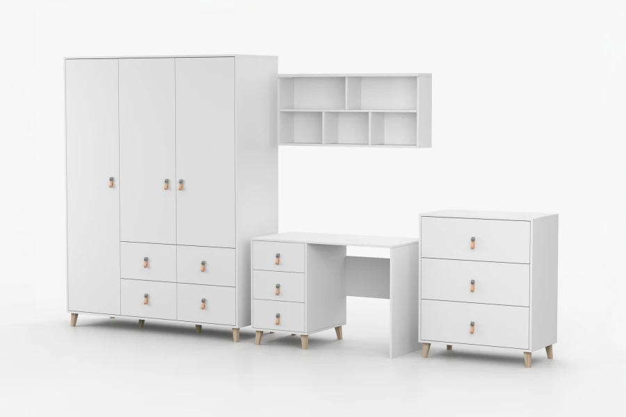 Moderne weiße Schlafzimmermöbel im Set mit viel Stauraum und eleganten Holzfüßen.