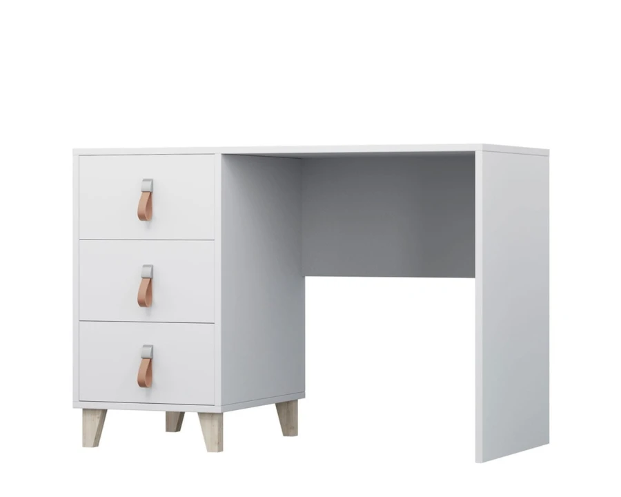 Weißer Schreibtisch mit 3 Schubladen, stilvollen Ledergriffen und schrägen Holzbeinen.