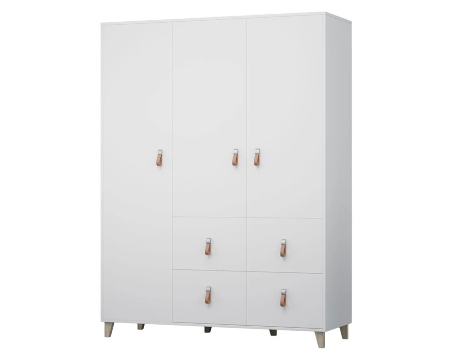 Weißer 3-türiger Kleiderschrank mit Ledergriffen und vier Schubladen im modernen Design.