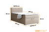 Maße für das beige Polsterbett: 110 cm Höhe, 207 cm Länge, bis zu 102 cm Breite.