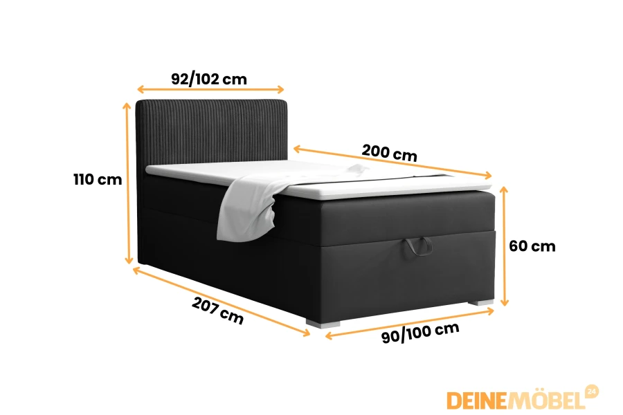 Grafik mit den Maßen des schwarzen Boxspringbetts: Höhe 110 cm, Länge 207 cm, Breite wählbar.