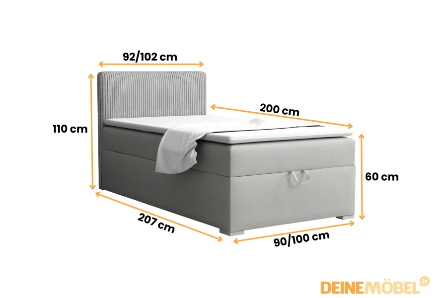 Boxspringbett 90x200 Maße - Graues Einzelbett mit Abmessungen 110x207 cm