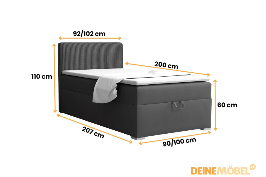 Boxspringbett Maße: 90/100x200 cm Liegefläche mit Kopfteil und Bettkasten.