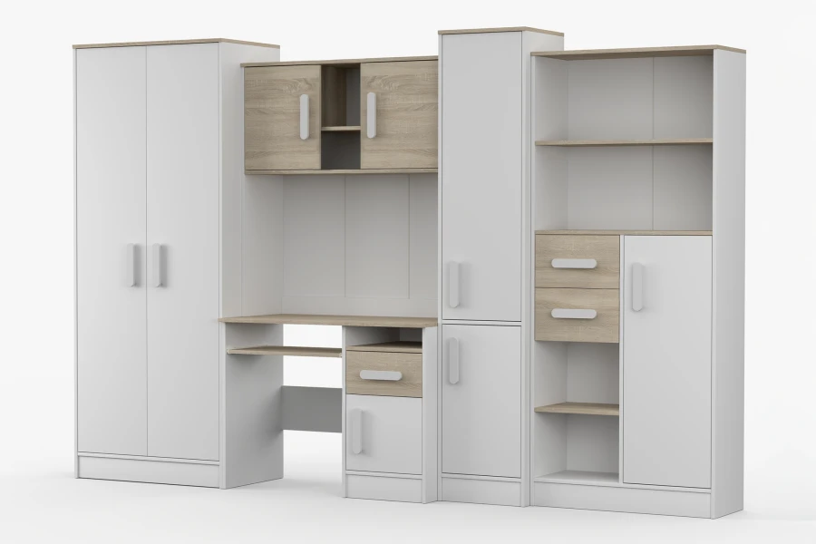 Modernes Jugendzimmer-Set in Weiß und Eiche mit Schreibtisch und Schrank