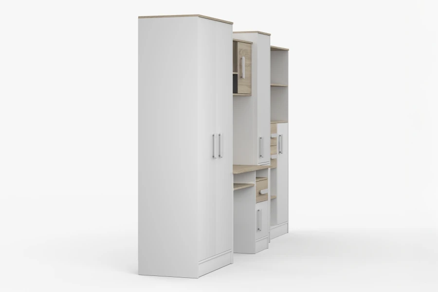 Seitenansicht der vierteiligen Jugendzimmer-Anbauwand in Weiß-Eiche