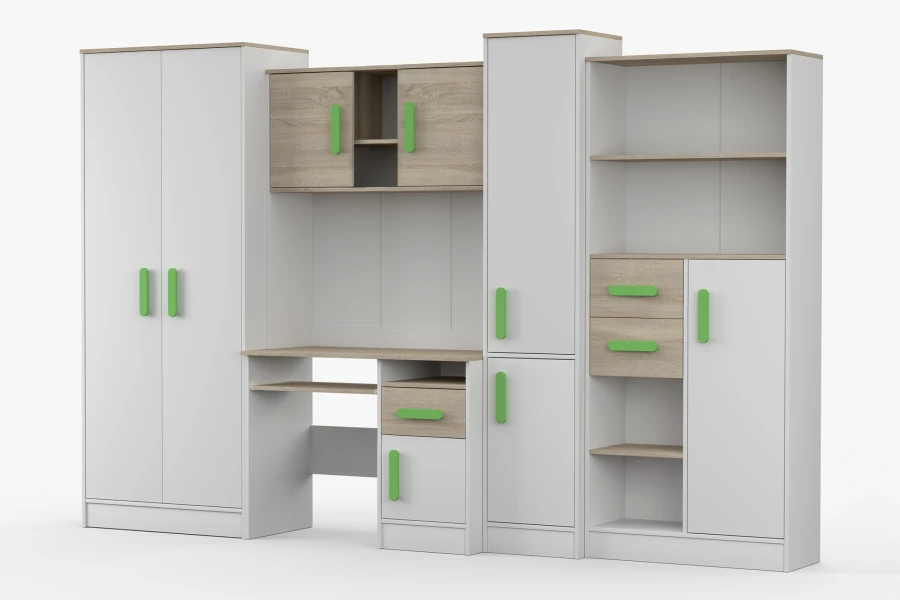 Modernes Jugendzimmer-Set in Weiß und Eiche mit grünen Griffen, Schreibtisch und Kleiderschrank.