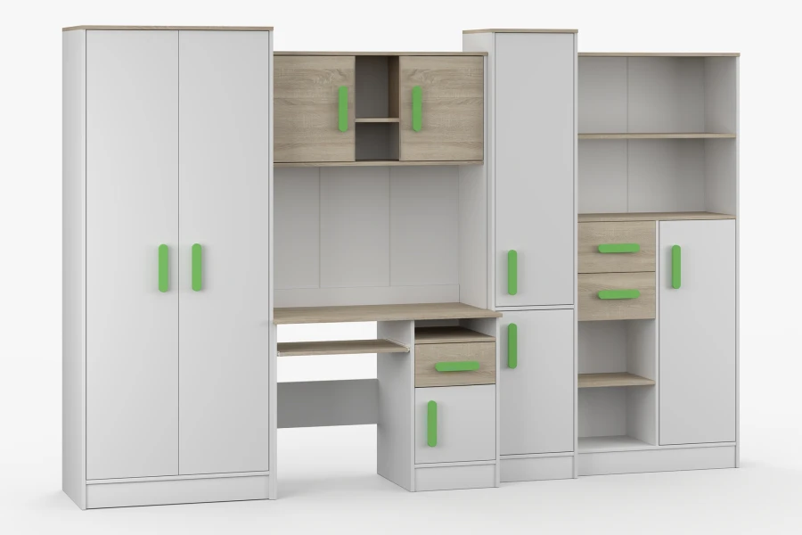 Schreibtisch-Kombination für Kinder mit viel Stauraum und grünen Details in Holzoptik.