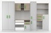 Frontale Ansicht der kompletten Jugendzimmer-Einrichtung mit Schrank, Regal und Arbeitsplatz.