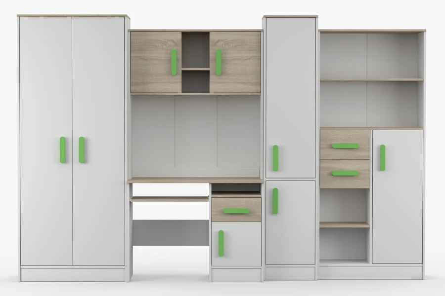 Frontale Ansicht der kompletten Jugendzimmer-Einrichtung mit Schrank, Regal und Arbeitsplatz.
