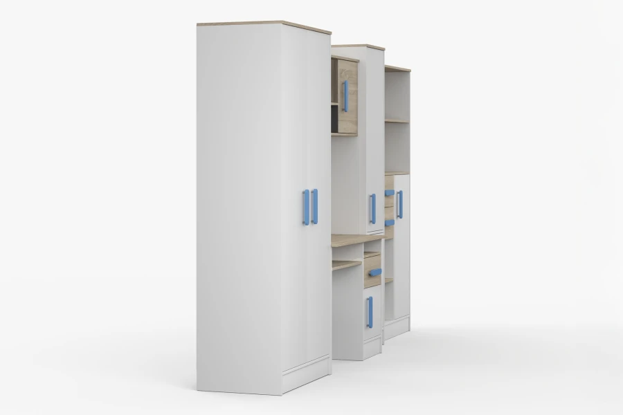 Seitenansicht Kinderzimmer-Set Weiß-Eiche mit blauen Griffen: Schrank, Schreibtisch & Regal-Kombi.