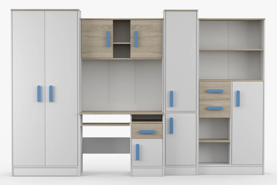 Frontalansicht: Kinderzimmer-Set Weiß-Eiche mit blauen Griffen, Schreibtisch und Schränke.