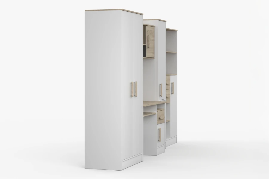 Seitenansicht Jugendzimmer-Set Weiß-Eiche mit passenden Holzgriffen für ein natürliches Design.