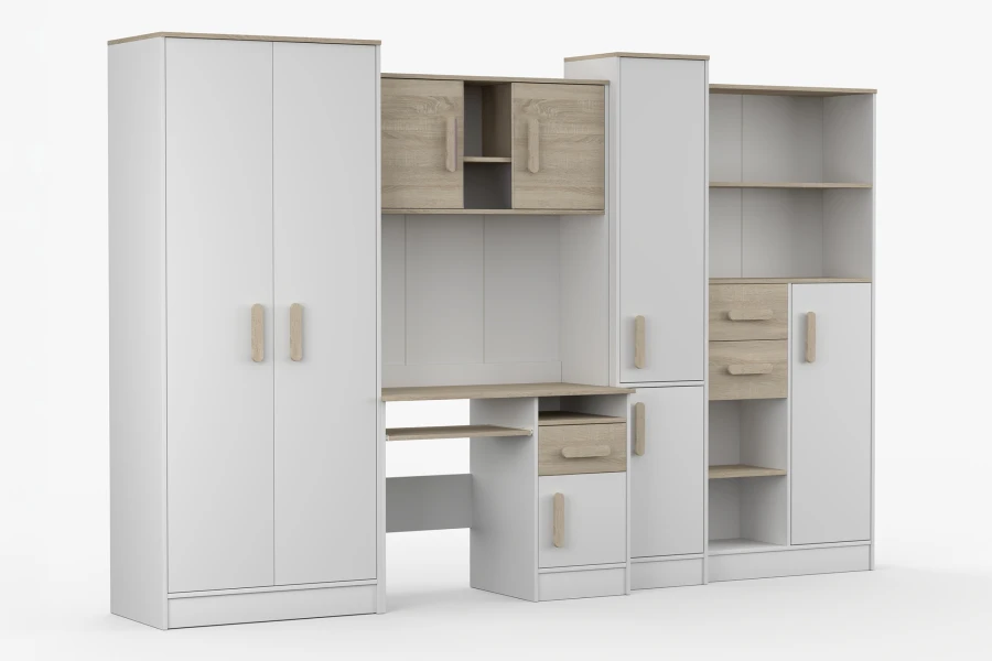 Modernes Jugendzimmer-Möbelset in Weiß und Eiche mit Schreibtisch und Kleiderschrank.