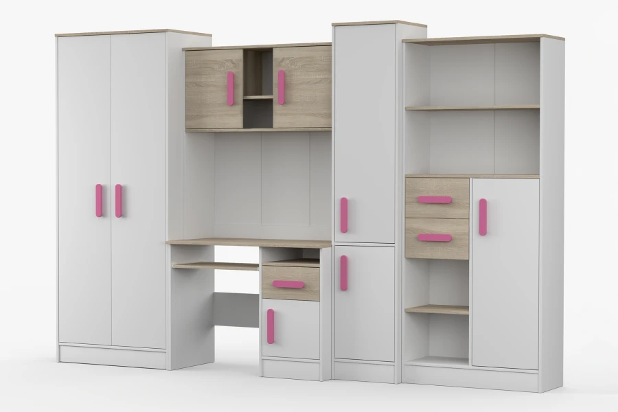 Jugendzimmer-Set in Weiß/Eiche mit pinken Griffen: Schreibtisch, Schrank und Regale.