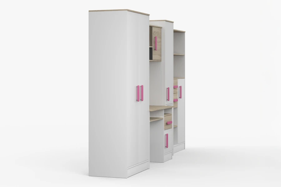 Seitenansicht der Kinderzimmer-Möbel mit pinkfarbenen Akzenten und viel Stauraum.