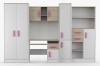 Jugendzimmer-Set in Weiß und Eiche mit pinken Griffen, Kleiderschrank, Schreibtisch und Regal.