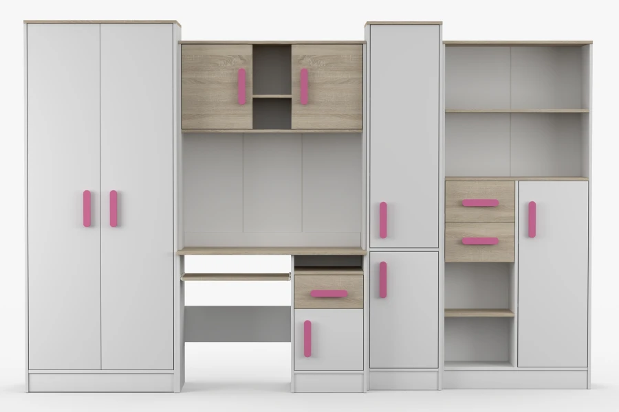 Jugendzimmer-Set in Weiß und Eiche mit pinken Griffen, Kleiderschrank, Schreibtisch und Regal.