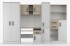 Vorderansicht des kompletten Jugendzimmer-Sets in Weiß und Eiche mit grauen Griffen.