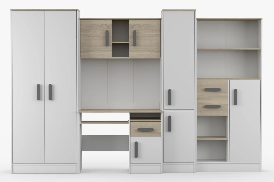 Vorderansicht des kompletten Jugendzimmer-Sets in Weiß und Eiche mit grauen Griffen.