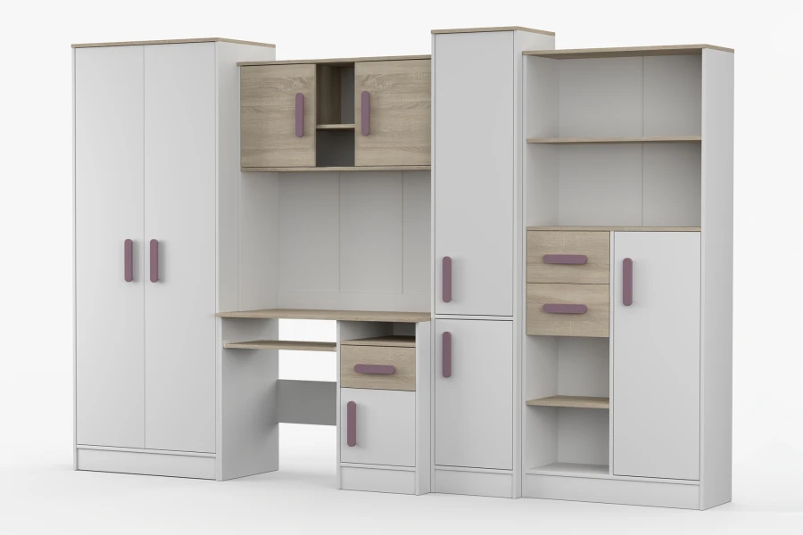 Modernes Jugendzimmer-Set in Weiß und Eiche mit lila Griffen: Schrank, Schreibtisch und Regalsystem.